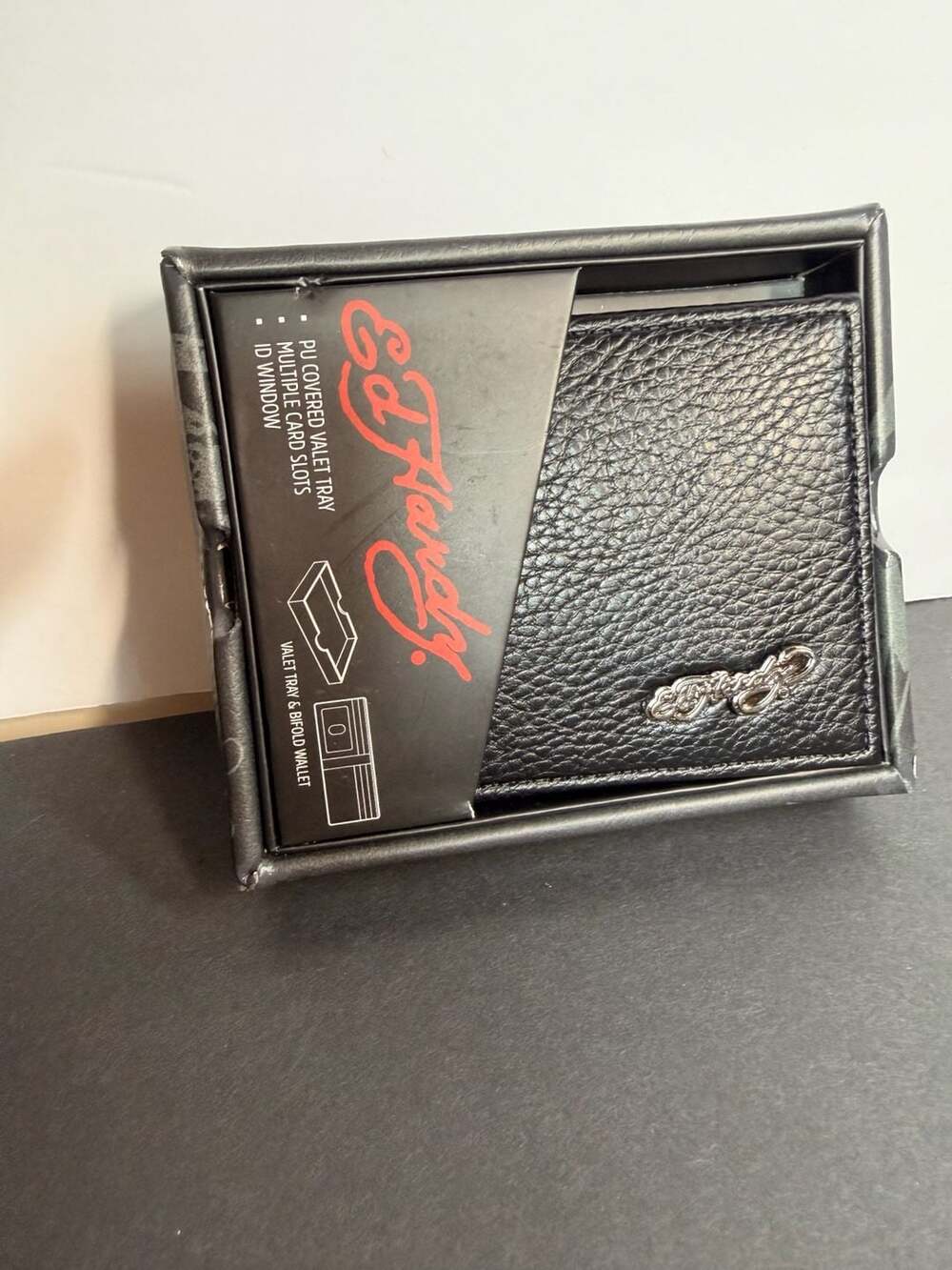 Ed Hardy Men's Black Bifold Wallet with Valet Tray and ID Window